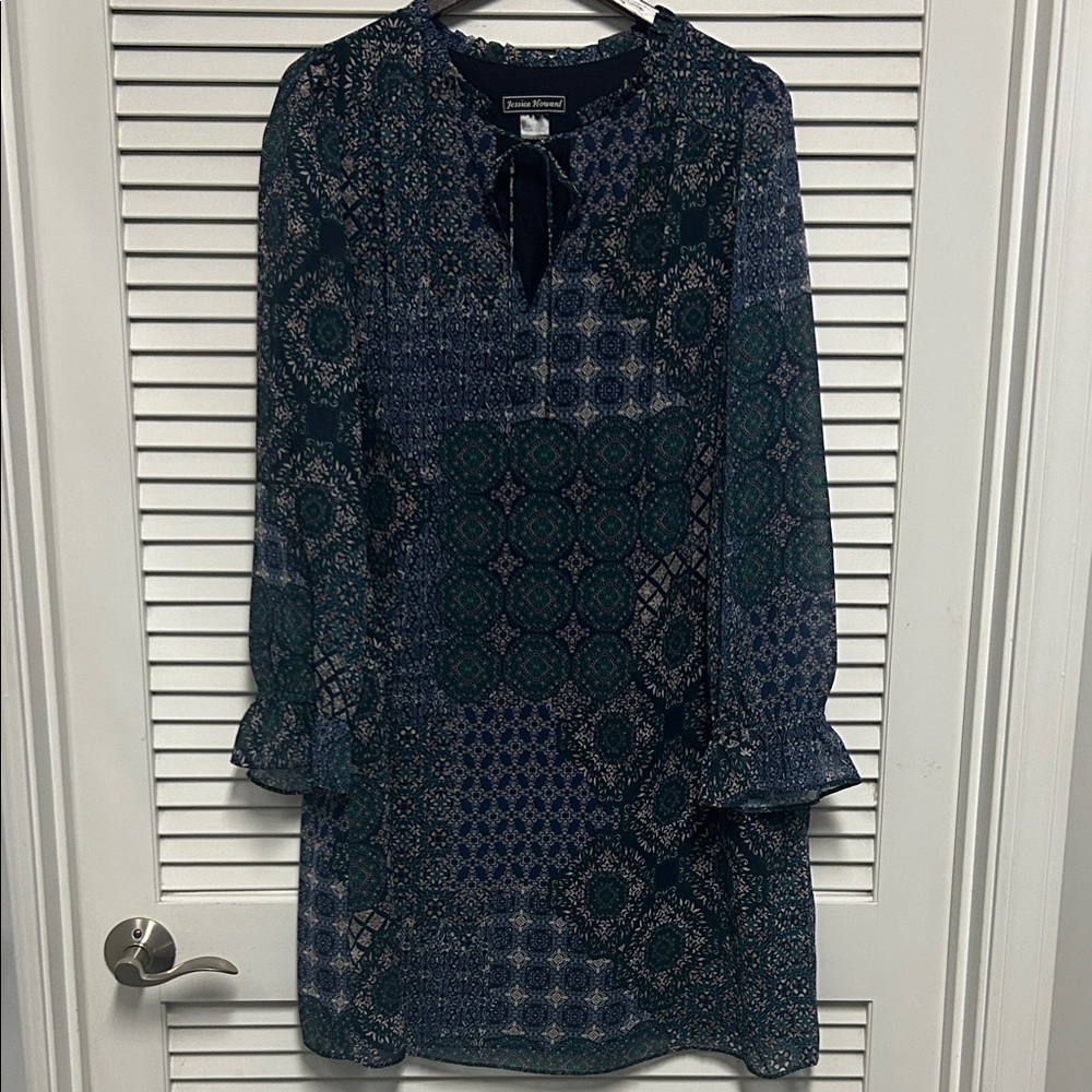 Jessica Howard Patchwork Look Flowy Dress with Sheer Sleeves in Navy and Teal